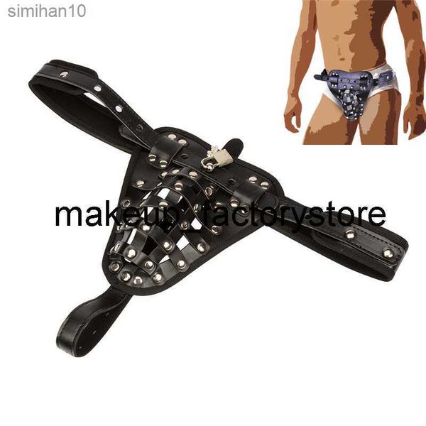 Massagem Novo Couro PU Masculino Gaiola Castidade Cinto Dispositivo Calça Brinquedos Sexuais Roupa Interior Bloqueio Adulto Erótico Penis Anéis Bondage Products L230518