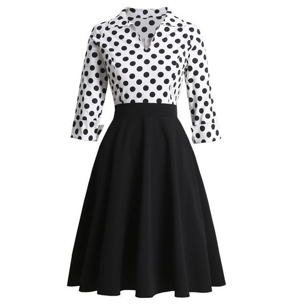 Kleider Winter Baumwolle Frauen Rockabilly Kleid Retro 50s 60er Jahre weiß schwarzer Tupfen Dot Druck Sundress Patchwork 3/4 Ärmeln Pin Up Swing Jurken