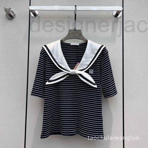 Damen T-Shirt Designer Boutique Navy Style Academy Mädchen Pailletten Schalkragen Streifen Kurzarm T-Shirt Top Sommer EQJB