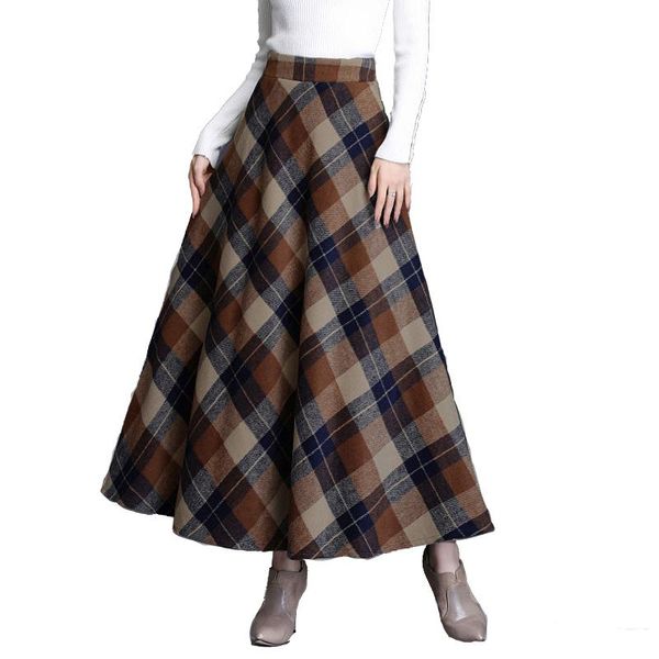 Vestidos fairyshely 2022 outono inverno cintura alta escocês aline maxi saia feminina casual bolso inglaterra grade saia xadrez saia longa