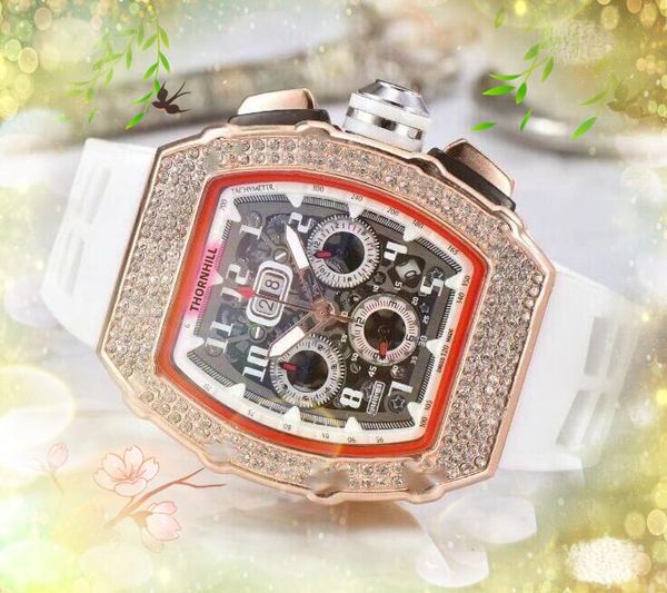 Six Stiches Diamonds Ring Mens Watches Three Eyes Full Function Clock Strap Quartzo Waterproof Calendar Hour Hand Display Day Gifts Watch Gifts