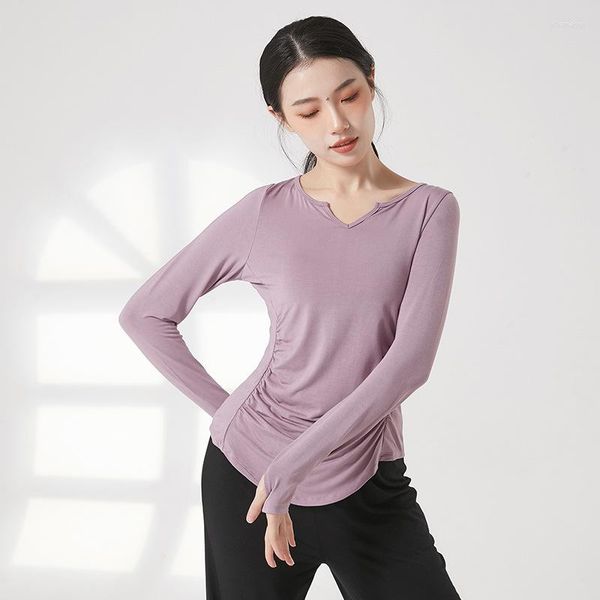 Desgaste de palco Adulto V Neck Lado Ruched Dança do Ventre Camiseta Yoga Manga Longa T Top Traje Para Mulheres Roupas de Dança Roupas de Dançarina