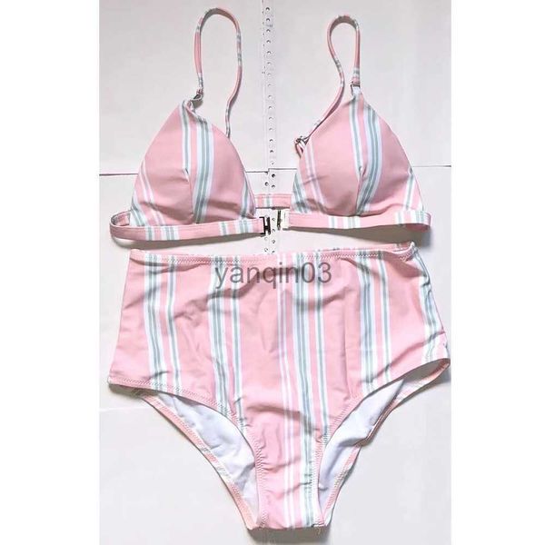 Roupa de banho feminina sexy marca vintage à venda impressão listrada rosa tanga fora do ombro meninas conjunto de biquíni feminino sem fio roupa de banho feminina novo maiô J230603