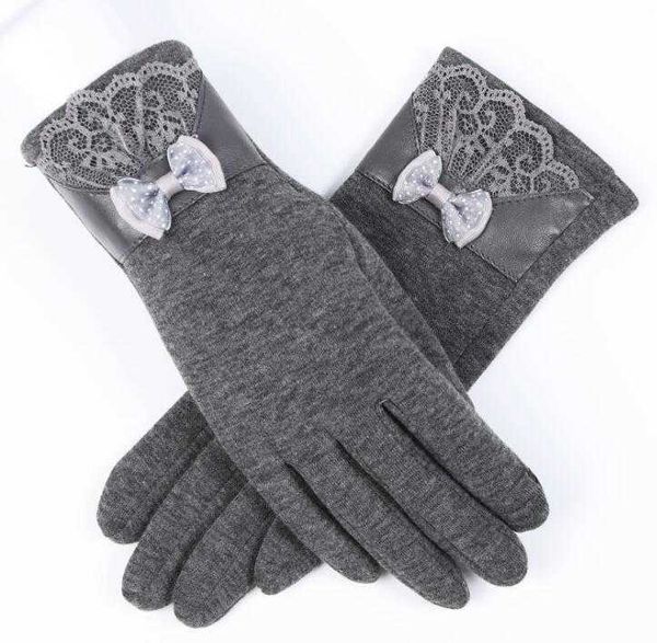 Frauen Fleece Handschuhe Winter Warm Touch Screen Bögen Spitze Handschuh Reiten Fahren Handschuhe Mädchen Elastische Baumwolle Sport Fünf Finger Handschuhe