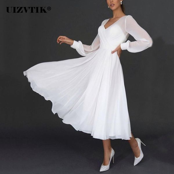 Abiti sexy con scollo a V in chiffon bianco abiti midi estivi per le donne 2023 elegante abito da ballo a maniche lunghe per feste di nozze per invitati