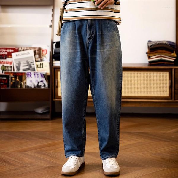 Мужские джинсы красная джинсовая джинсовая джинсовая джинсовая джинсовая джинсовая ткань два шикарных конических брюки темные винтажные стиль 50 -х годов 50 -х годов