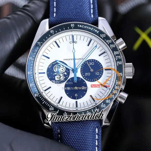 Neue 42 mm Snoop Award 50th Anniversary OS Quarz-Chronograph-Herrenuhr 310.32.42.50.02.001, blaue Keramiklünette, weißes Zifferblatt, Nylonarmband, Stoppuhr, Uhren, Zeitzonenuhr