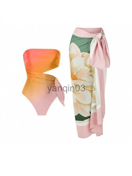 Conjuntos de biquíni feminino com decote ombro a ombro sem costas e saia de banho feminina fina e elegante chiffon roupa de banho praia maiôs J230603