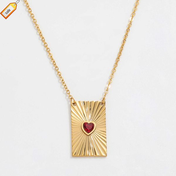 JLN0222 Joolim 18K PVD placcato oro impermeabile Delicato rosso rubino cuore diamante rettangolo Burst collana pendente in acciaio inossidabile