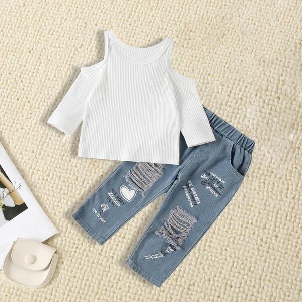 Conjuntos de roupas 2023-05-19 Lioraitiin 0-6years Toddler Kids Girl Summer Short Sleeve Tops Jeans Letter Heart Printed