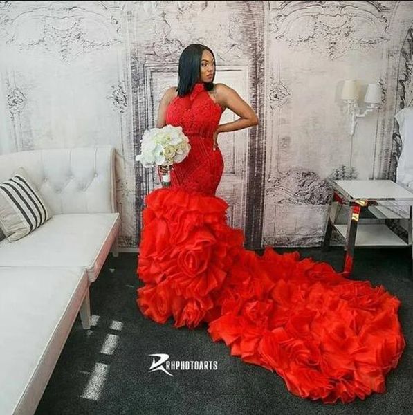 Rote Meerjungfrau Spitze afrikanische Brautkleider Perlen Organza Stufen Kathedrale Schleppe Black Girl Aso Ebi Brautkleid Fotoshooting