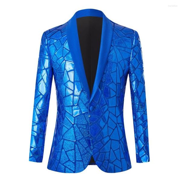Ternos Masculinos Lantejoulas Azul Brilhante Bling Glitter Blazer Homens 2023 Gola Xale Tuxedo Ternos de Um Botão Blazer Masculino Palco de Festa de Casamento