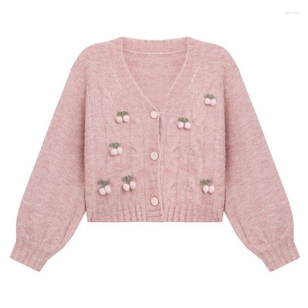 Damen Strick Kirsche Rosa Mädchen Frauen Prinzessin Koreanischer Pullover Cardiga Damen Jacke Herbst Winter Knopf Mode Tuch Stil V-Ausschnitt Lässig