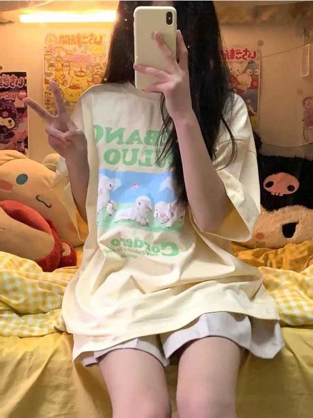 Camiseta Feminina Deeptown Kawaii Sheep Print Manga Curta Harajuku Graphic T-shirt 2022 Nova Coréia Ajuste Solto P230603