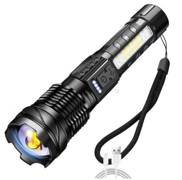 Светодиодные фонарики с высокой мощностью Покачано -боковые светильники Портативное наружное освещение водонепроницаемое алюминиевое факел 8 режим USB Перезаряжаемый фонарик мощный кемпинг