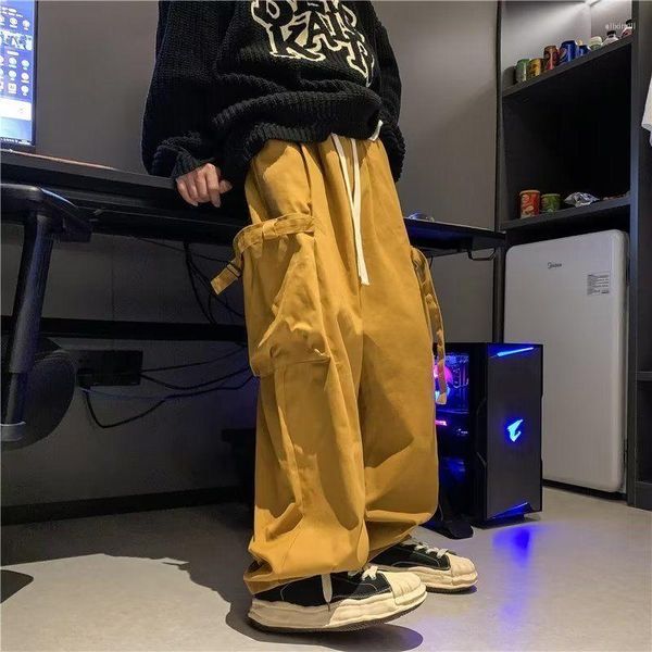 Мужские брюки Японский ретро -клуб мужски панталоны осень зима большая боковая кармана Желтая шишка упругая талия.