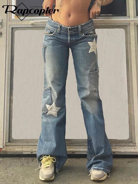 Jeans Rapcopter Y2K Star Taschen Jeans Frauen Reißverschluss Knopf Retro Mom Jeans Ästhetik Koreanisch Haruku Heiße Streetwear Low Waishose