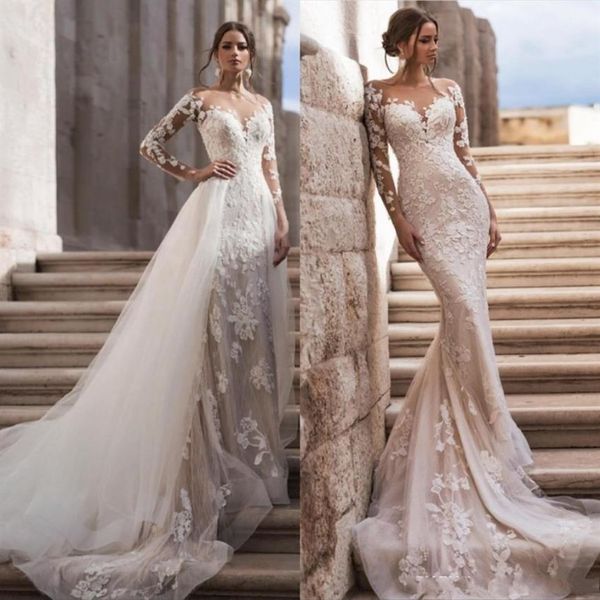 2022 Abiti da sposa a sirena in pizzo con scollo a barchetta a maniche lunghe con gonna staccabile Tulle Applique Sweep Train Abiti da sposa robes de m283m