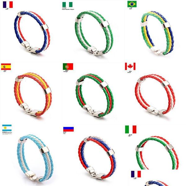 Braccialetti con ciondoli Bracciale in pelle con squadra di calcio da calcio con ciondoli a righe con bandiera nazionale Braccialetti intrecciati fatti a mano Fans Gift Drop Del Dh9Lo