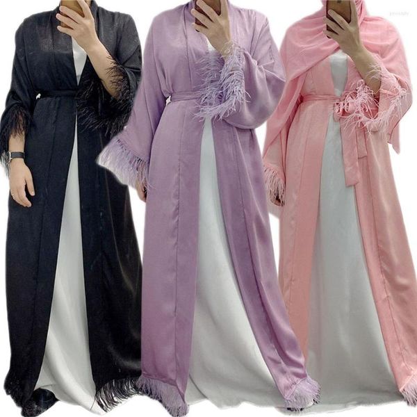 Ethnische Kleidung Ramadan Muslimische Frauen Einfarbige islamische Maxi-Robe Mittlerer Osten Elegante offene Abaya-Federkante Arabische Kaftan-Strickjacke