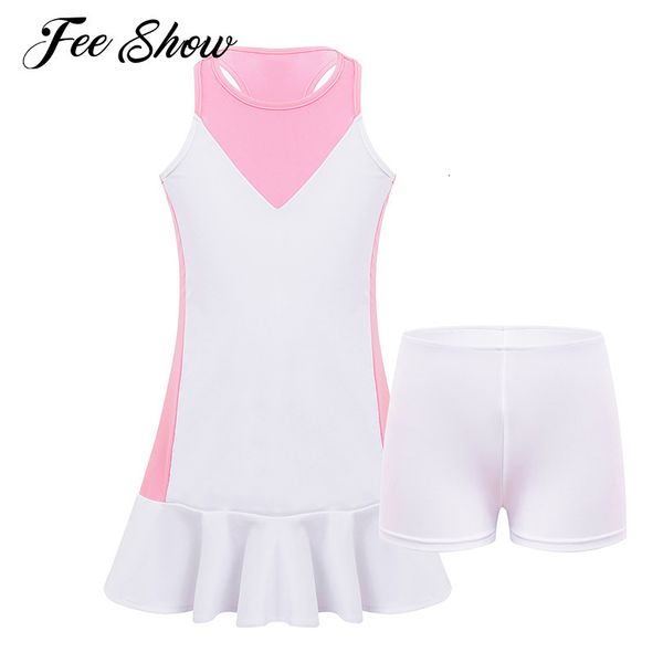 Abiti casual di base Bambini Ragazze senza maniche Badminton Abiti da tennis Abbigliamento sportivo Casual Sport Mini abito Racer Back Ruffle Hem Abito sportivo con pantaloncini 230603