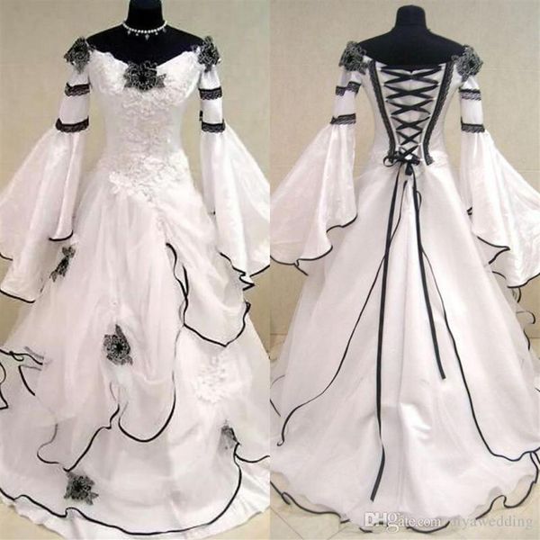 Abiti da sposa medievali vintage in bianco e nero rinascimentali Vestido De Novia Abiti da sposa celtici con maniche aderenti e svasate Flowe242g