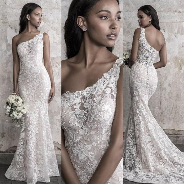 Madison James Autunno 2018 Abito da sposa a sirena Elegante monospalla in pizzo Applique Sweep Train Abiti da sposa Upscale Custom Made341f