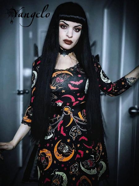 Kleider Yangelo Sexy Spitze Saum Kleid Weibliche Gothic Mond Katze Drucken Partynight Club Dame Kleid Hohe Taille Pullover Mini Kleid