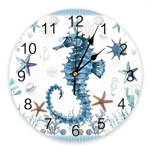 Relógios de parede Oceano Mediterrâneo Estrela do Mar Cavalo Marinho Listras Sala Grande Relógio Silencioso Decoração de Escritório 10 Polegadas Presente Pendurado
