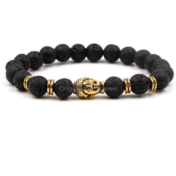 Bracciale in pietra lavica nera con perline Diffusore di oli essenziali per aromaterapia 7 colori Ciondoli testa di Buddha per uomo Donna Gioielli elasticizzati Drop Dhet1