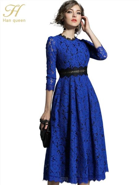 Dress H Han Queen 2018 Spring New Women's Lace Dresses Acrochet Floral Hollow Op Vestido Patchwork Casual Slim Office Party Long Dress