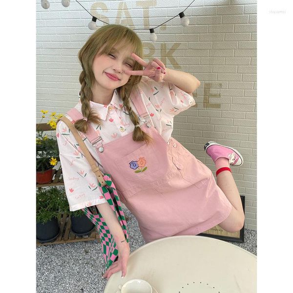 Lässige Kleider Süße Mädchen 2pc Overalls Set Korean Floral Kurzarm Hemd Lose Strap Shorts Streetwear 2023 Sommer Frau Overalls anzug