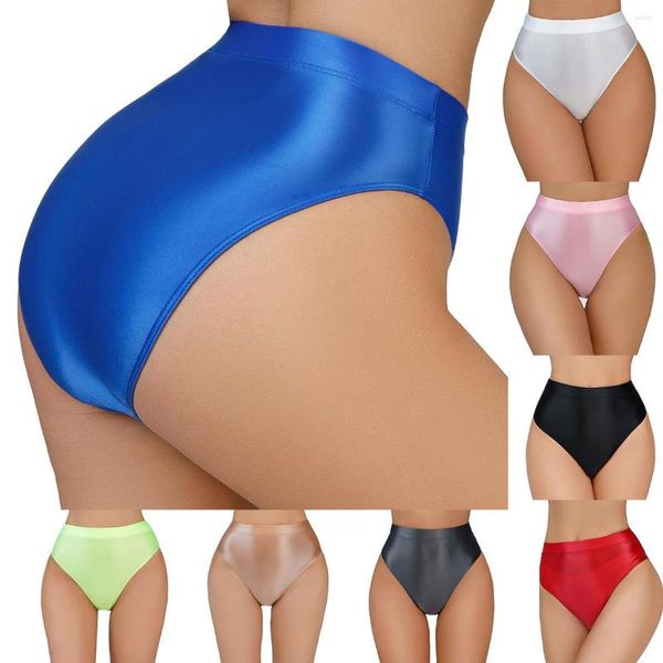 Calcinha feminina calcinha ultrafina, tanga brilhante cetim cintura alta brilhante sedosa feminina lingerie transparente oleosa