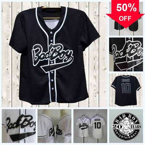 Xflsp GlaC202 Mens Bad Boy Movie Baseball Jersey # 10 Biggie The Notorious B.I.G.Smalls Black White Baseball Film Buttons Jersey Double Stitched Lettering