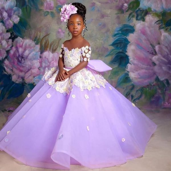 2023 Lilac Sheer Neck Flower Girl Dresses Ball Gown Tulle Short Sleeves Vintage Little Girl Peageant Dress Gowns ZJ406