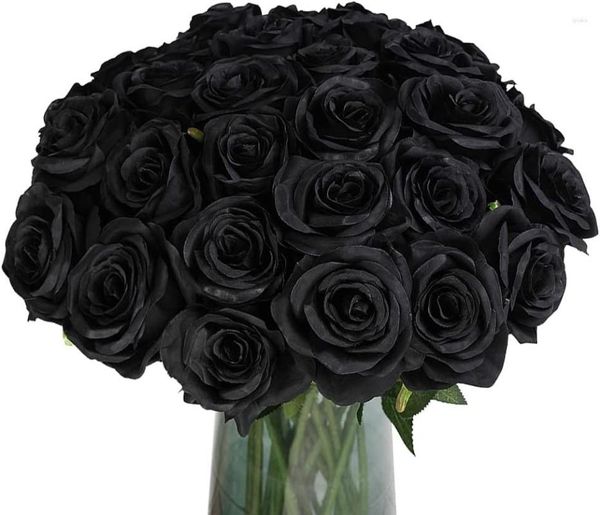 Fiori decorativi Halloween Seta artificiale Rose nere Tocco reale Bouquet da sposa da sposa per decorazioni floreali per feste in giardino 10 pezzi