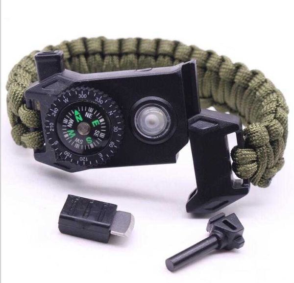 Outdoor Camping Wandern Klettern Reiseset Ausrüstung Schnalle Paracord Rettungsseil Fluchtarmband Gewebtes Armband mit Pfeife, Taschenlampe