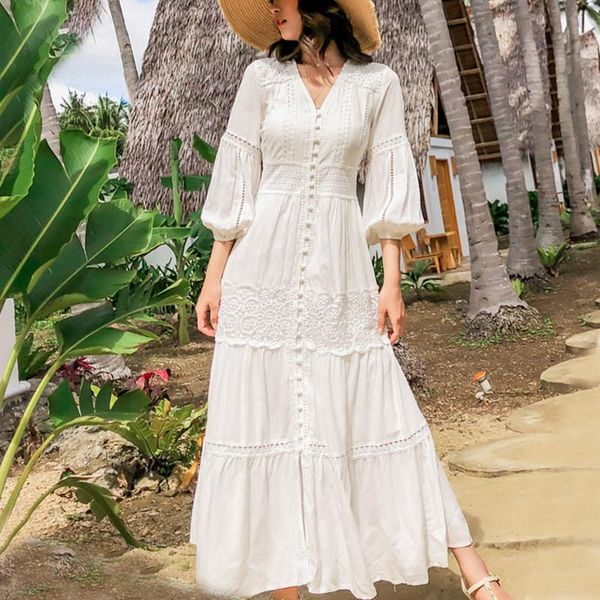 Vestidos teelynn lanterna manga de algodão e renda vestidos longos para mulheres vintage branco v pesco