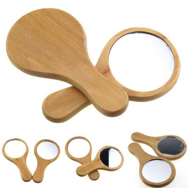 Makeup Tools Neuer Naturholzspiegel Holzhandspiegel Vintage tragbarer kompakter Make-up-Handspiegel mit Griff für Frauen auf Reisen J230601