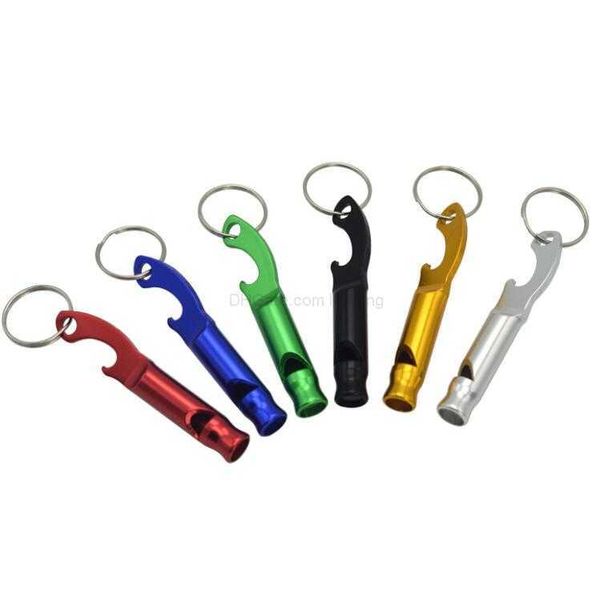 Multifunktionaler Pfeifen-Schlüsselanhänger aus Metall, Outdoor-Gadgets, Flaschenöffner aus Aluminiumlegierung, Notfall-Überlebenswerkzeug für Camping, Wandern, Training, Schlüsselanhänger-Pfeifen