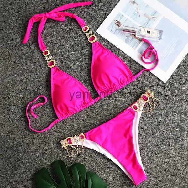 Kadın Mayo Kadın Günlük Mayo Bikini Set Gem Patchwork Bandage Yular Sütyen+Düşük Bel Külotları Mavi/Beyaz/Sarı/Gül Kırmızı J230603