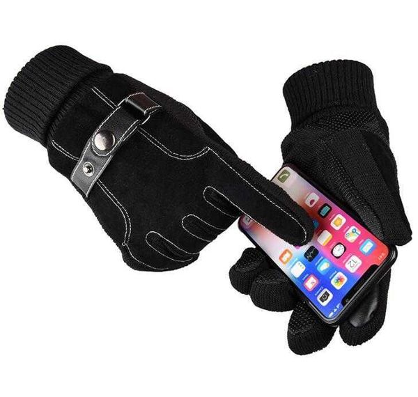 Weiches Leder für Herren, dicke warme Handschuhe, Motorrad-Fahrrad, warme Handschuhe, Finger-Touchscreen-Handschuh, Fäustling, rutschfester Handschuh, Fleece-Handschuhe