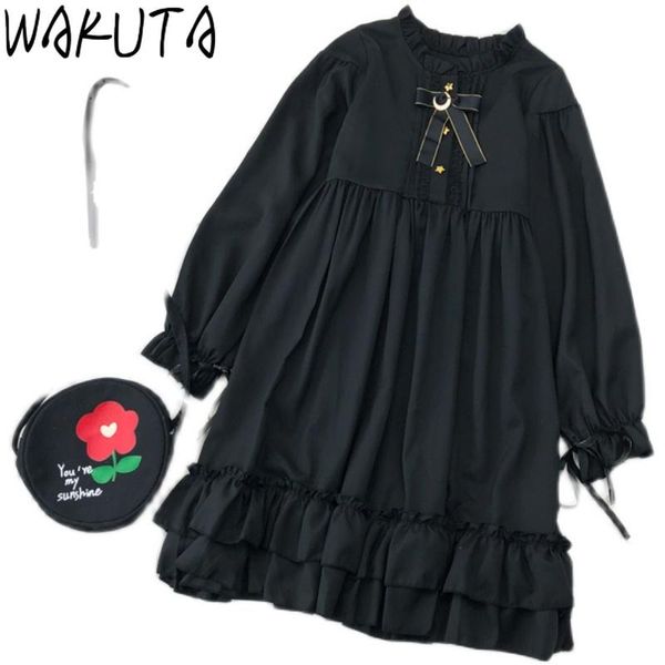 Kleider Wakuta Japanische Mode lolita weiche Mädchen Midi Kleid süße Preppy Bow Rüschen O Hals Langarm schwarze Kleider für Teenager Vintage