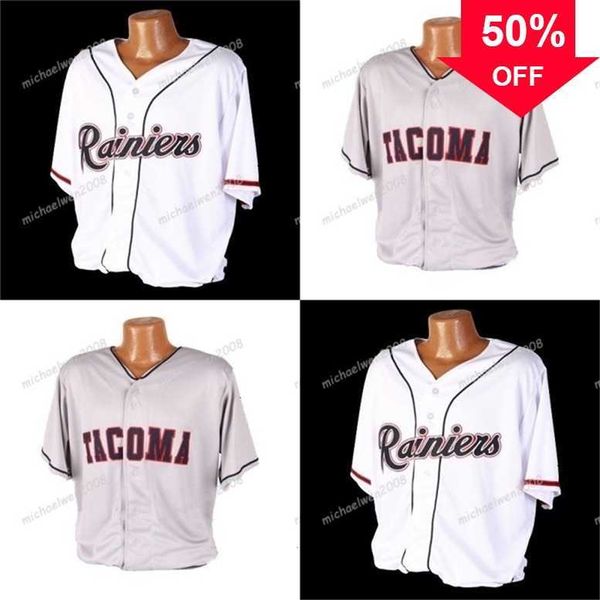 Xflsp GlaMitNess Masculino Tacoma Rainiers Branco Cinza Personalizado Camisas Costuradas Duplas Camisas de Beisebol de Alta Qualidade