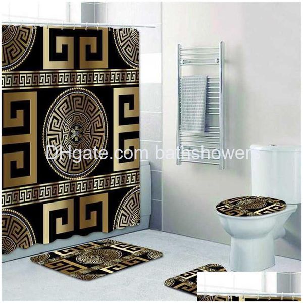 Cortinas de chuveiro luxo preto 3D ouro chave grega meandro cortina de banheiro conjunto para tapete de banho ornamentado geométrico moderno decoração 220117 gota d dhjud