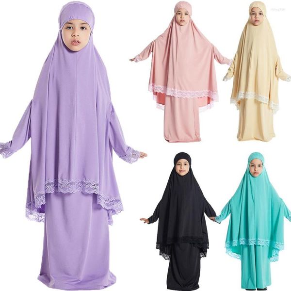 Roupa étnica Cobertura completa Hijab Vestido Crianças Meninas Eid Com Capuz Khimar Jilbab Muçulmano Oração Vestuário Renda Abaya Burqa Saia Robe Islâmico