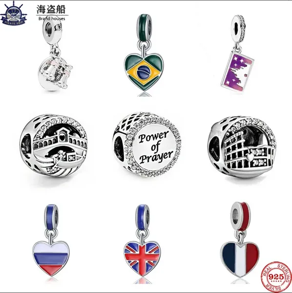 Für Pandora-Charms authentische 925er Silberperlen baumeln UK Brasilien Russland Frankreich Flagge Kreuz Herz DIY Perle