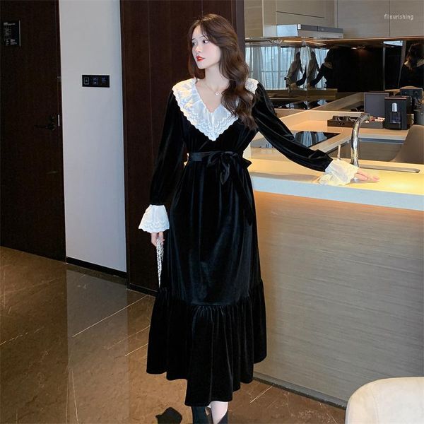 Повседневные платья французская элегантная черная бархатная юбка женщин с высокой талией офисная леди Slim Fashion V-образный кружев