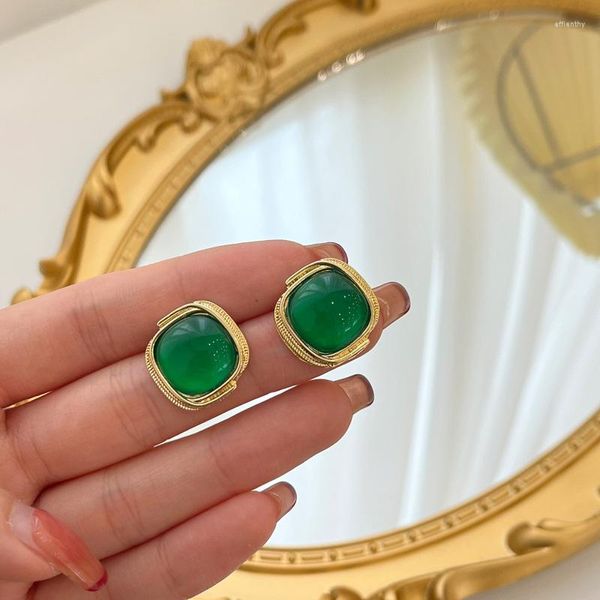 Brincos traseiros elegante estilo vintage criativo pequeno resina opala clipe em não perfurado retrô verde retrô pedra quadrada para presentes femininos