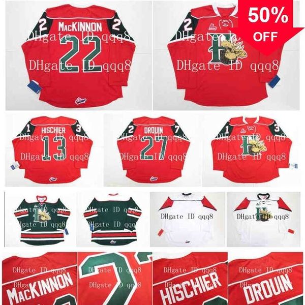 Mag C202 QMJHL Halifax Mooseheads Jerseys 22 NATHAN MacKINNON 13 NICO HISCHIER 27 JONATHAN DROUIN Red White Green100% Stitching Custom Hockey Jerseys